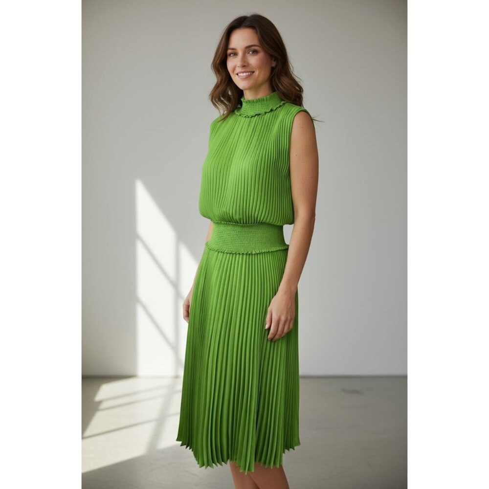 Nanette Lepore Womens 6 Green Sleeveless Pleated Midi Cocktail Dress Smocked